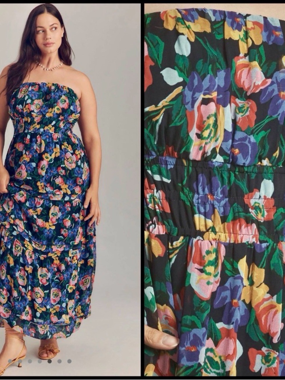 Anthropologie Strapless Somerset Chiffon, Black Floral Maxi Multicolor Blooms